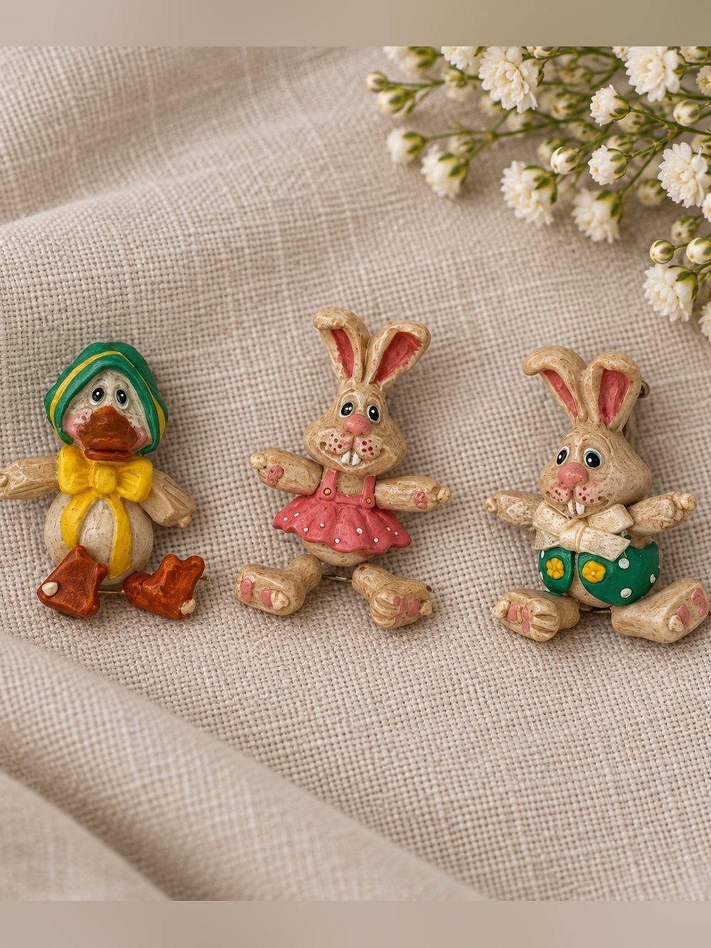 Vintage Russ Berrie Easter Bunny & Duck Figural Brooches Set of 3